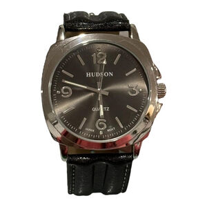 Hudson Mens Watch 44mm Gray Dial Black Faux Leather Japan Quartz Analog Casual
